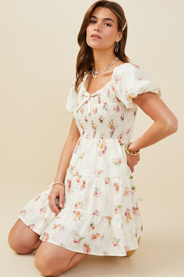 HY9415 Cream Womens Bow Detailed Smocked Textured Floral Dress Pose